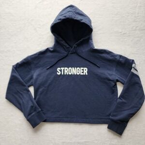 STRONGER Cropped Hoodie Womens Small Navy‎ Blue Graphic Logo Athleisure Gym
